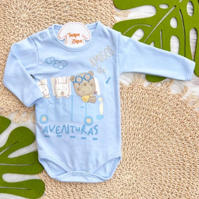 Kit 3 Peças - Bodys Manga Longa Amigos de Aventuras - Azul Jeans, Mescla e Azul Bebê